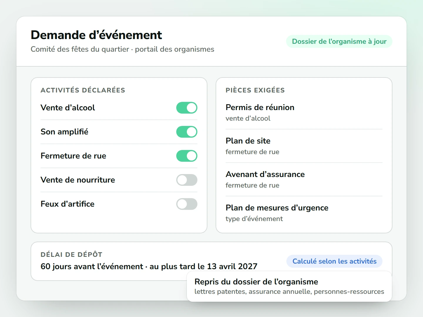 Demande d’événement : les activités déclarées, vente d’alcool, son amplifié et fermeture de rue, déterminent les pièces exigées et un délai de dépôt de 60 jours