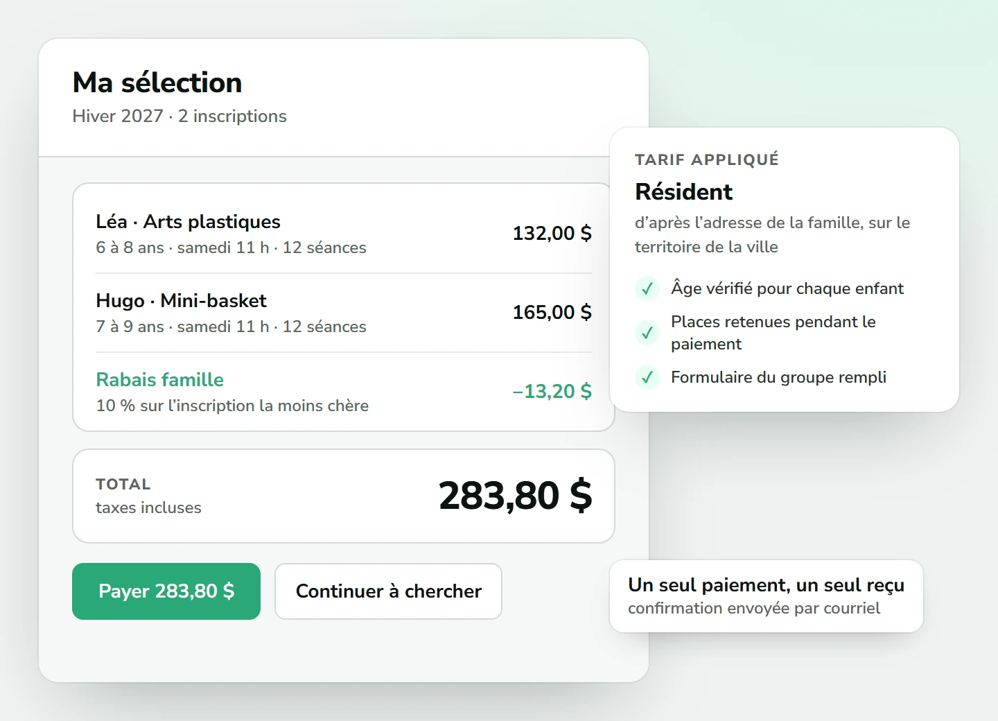 Sélection d’une famille pour la session d’hiver : Léa en arts plastiques à 132 $ et Hugo en mini-basket à 165 $, rabais famille de 10 % sur l’inscription la moins chère, total de 283,80 $ taxes incluses, tarif résident établi d’après l’adresse